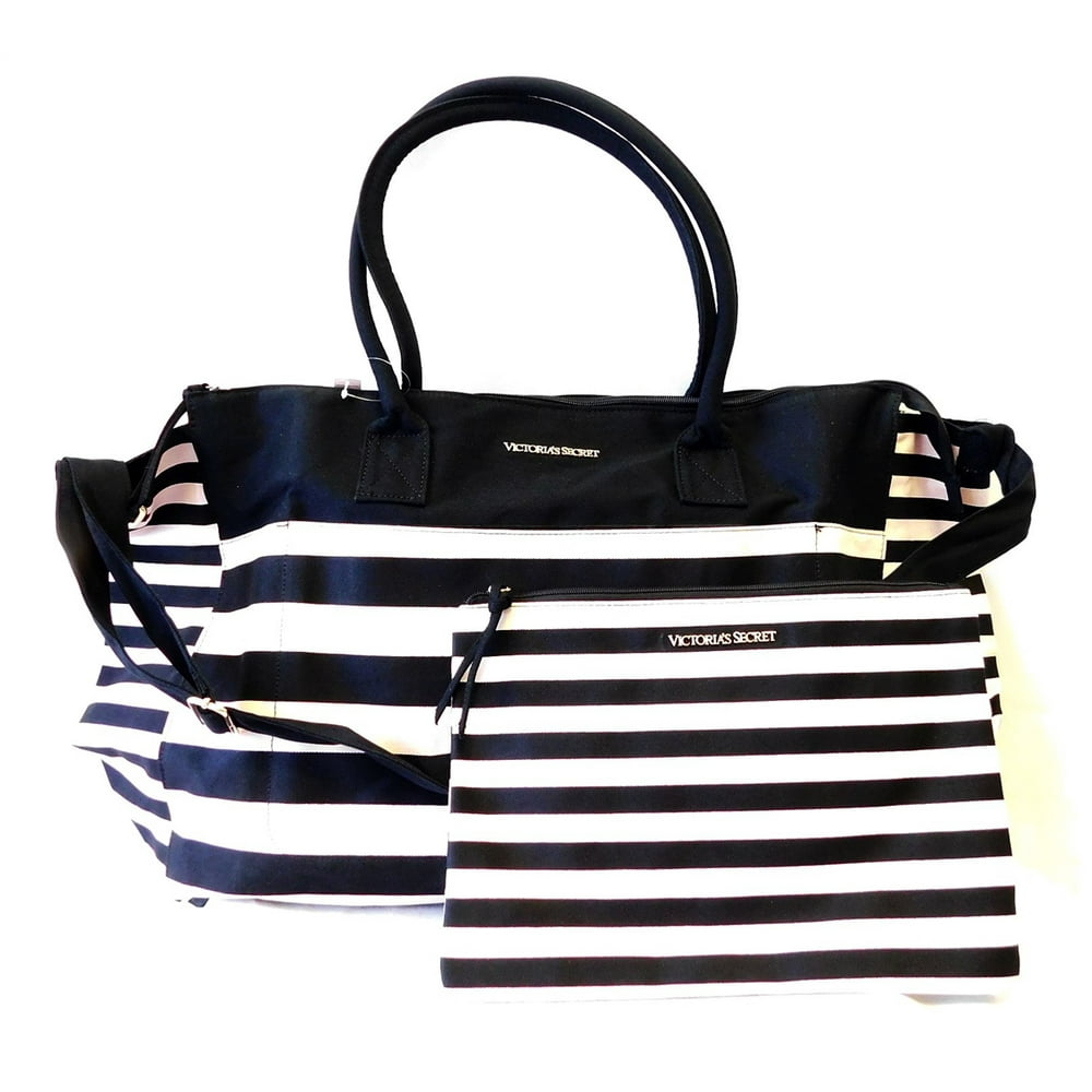 Victoria's Secret Light Pink, Black Striped Large Canvas Tote with zipper and Bonus Bag
