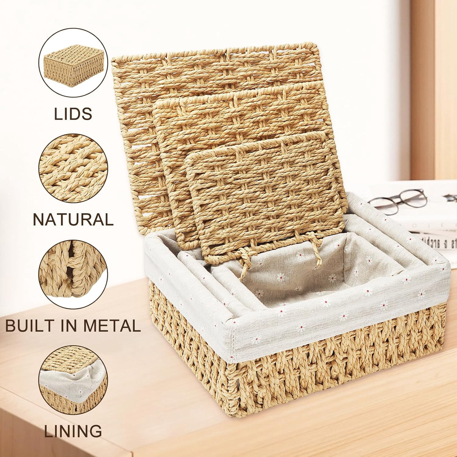 Small Storage Baskets with Lid, Kvago Set of 3 Size Storage Box, Paper Rope Storage Bin with Removable Liner and Metal Frame for Toys Cosmetics Bedroom Closet Desk Organizer (Beige)