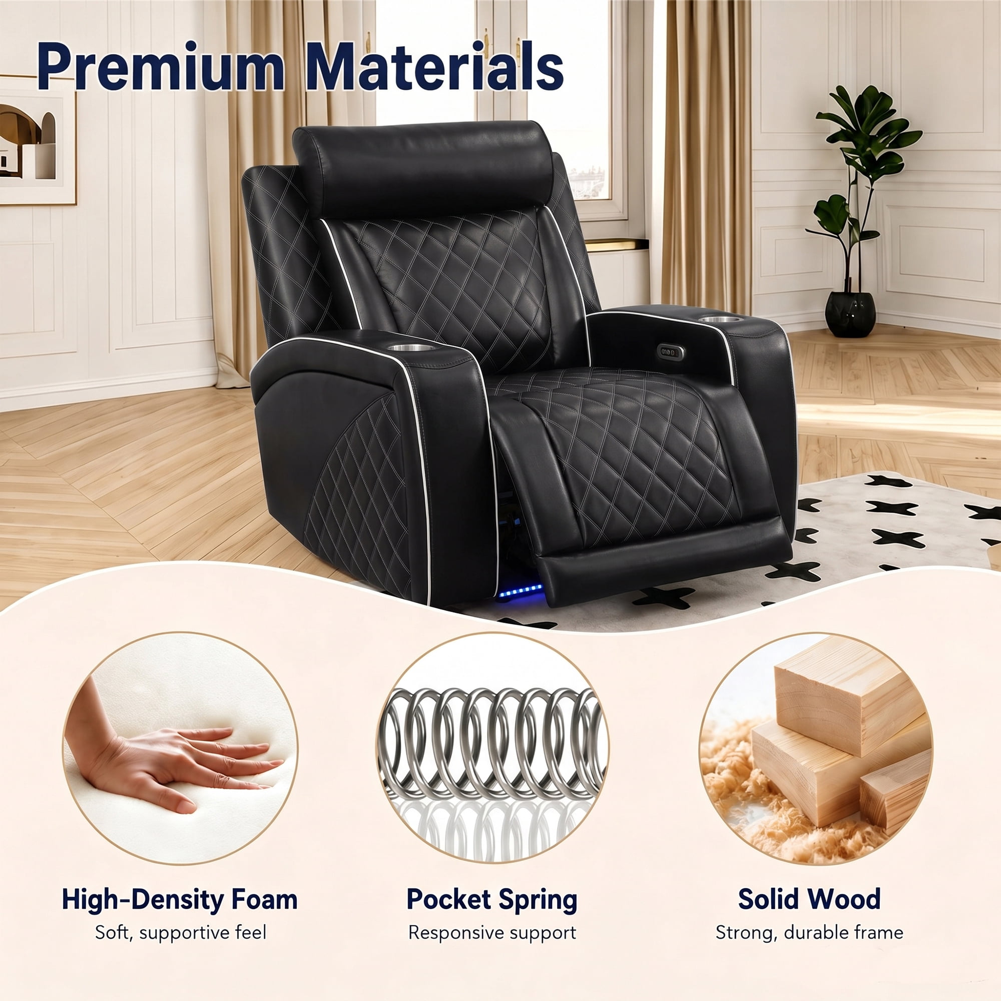 Aukfa Power Recliner RV Sofa with USB, Cup Holders & LED Lighting, Storage Arm, Home Theater Seating for Living Room, PU Leather, Black