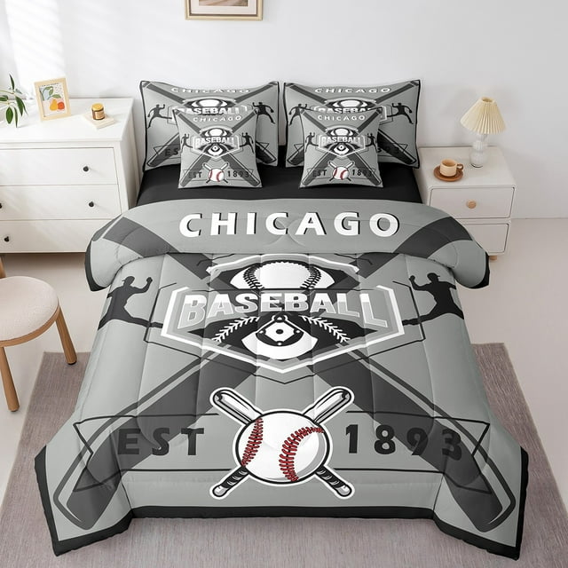 YST Twin Comforter Set Baseball Bedroom Decor - 7 Pieces Baseball Bedding Sets Twin Bed in a Bag with Reversible Baseball Player Bed Set,Comforter, Sheets, Pillowcases & Shams,Chicago
