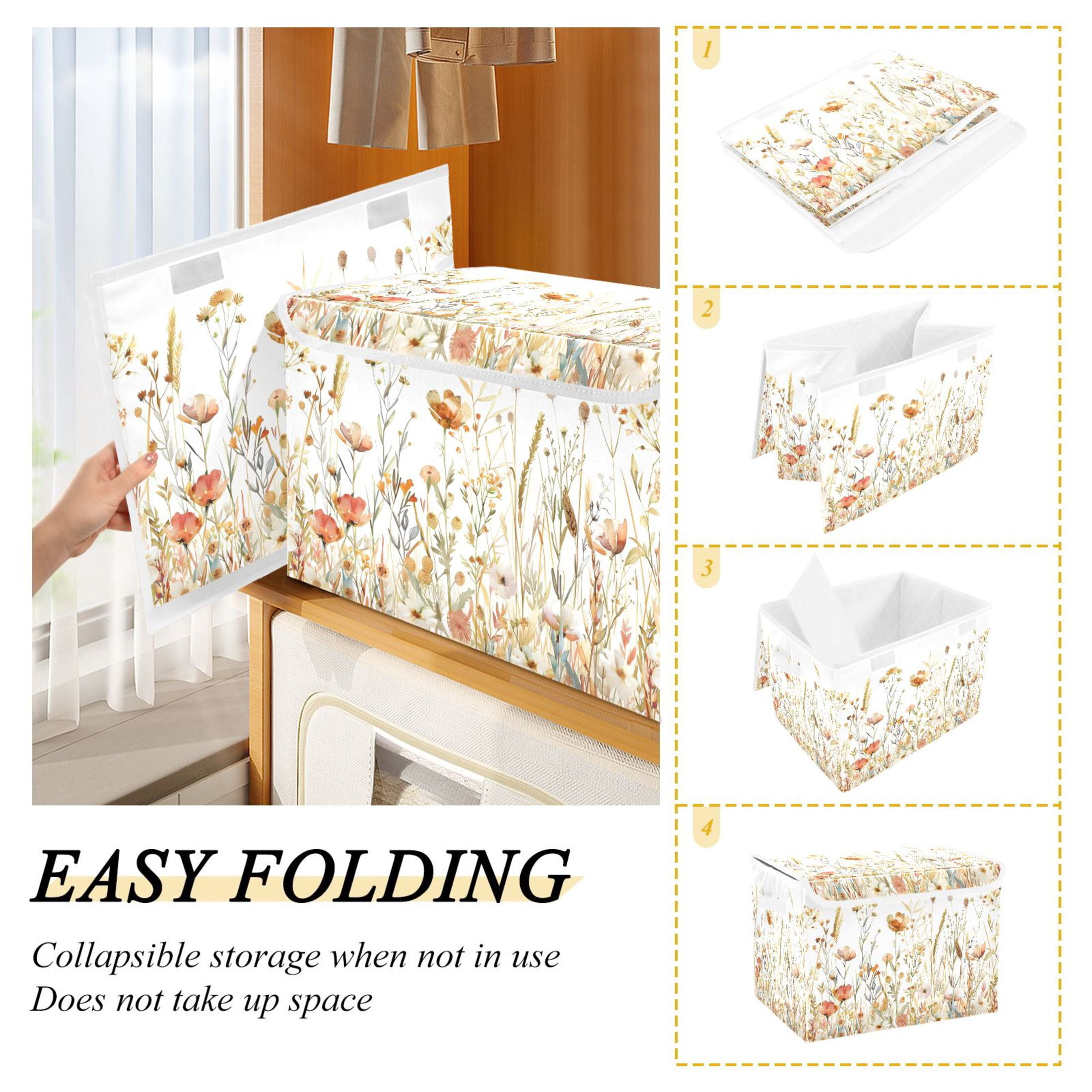 Ryvnso Watercolor Wild Flower Large Lidded Foldable Storage Baskets Cubes Boxes Lids Bin for Home