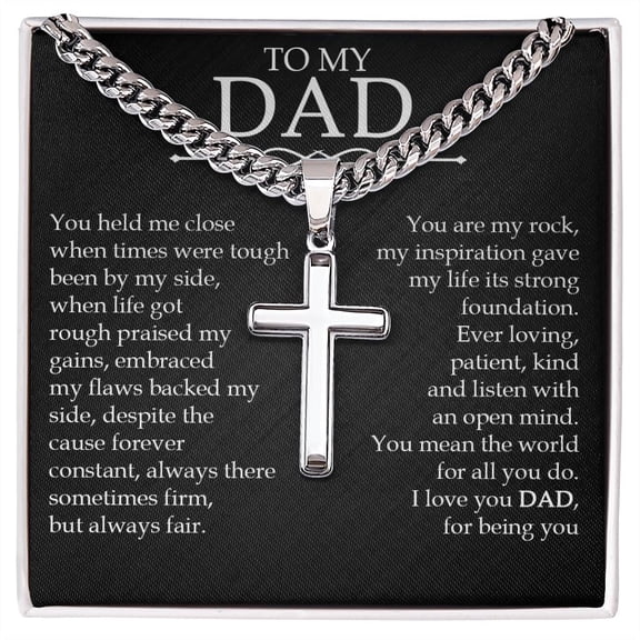 To My Dad Cross Necklace, Dad Gift from Son, Daughter, Thank you Gift for Dad, Dad Birthday Gift, Christmas Gift - Cuban Link Chain with Artisan Cross