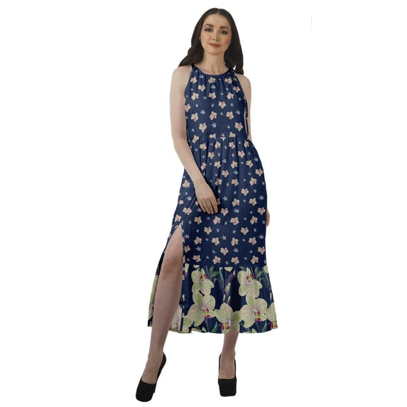 Moomaya Sleeveless Halter Neck Maxi Dress Printed Front Slit Women Summer Dress