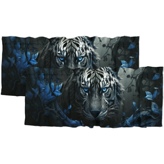 Tiger Printed Window Curtains Valances Wild Animal Blue Rose Tiger Romantic Floral Rod Pocket Window Valance for Living Room Bathroom Bedroom Kitchen 54 by 18 in, 2 Panel