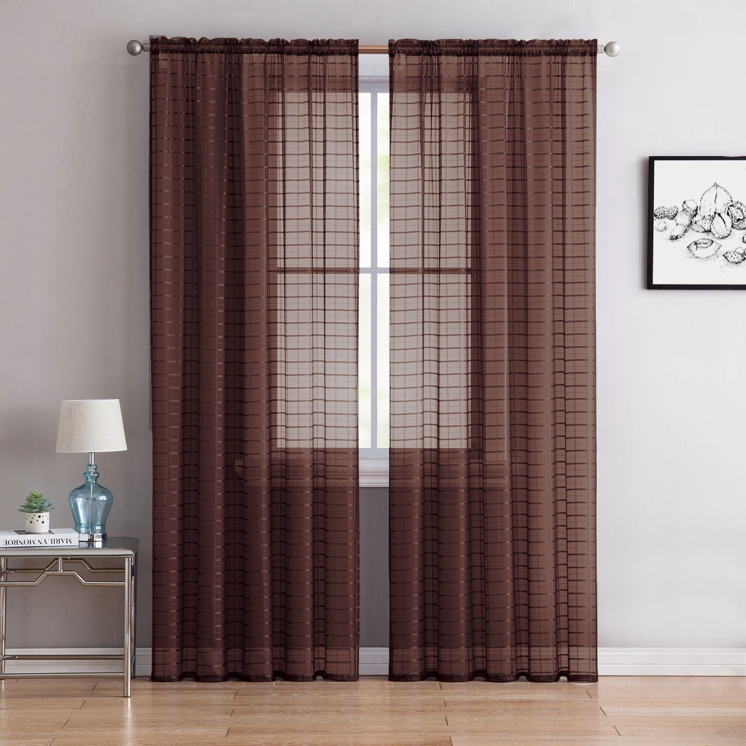2 Pack Contemporary Plaid Sheer Voile Window Curtains Brown