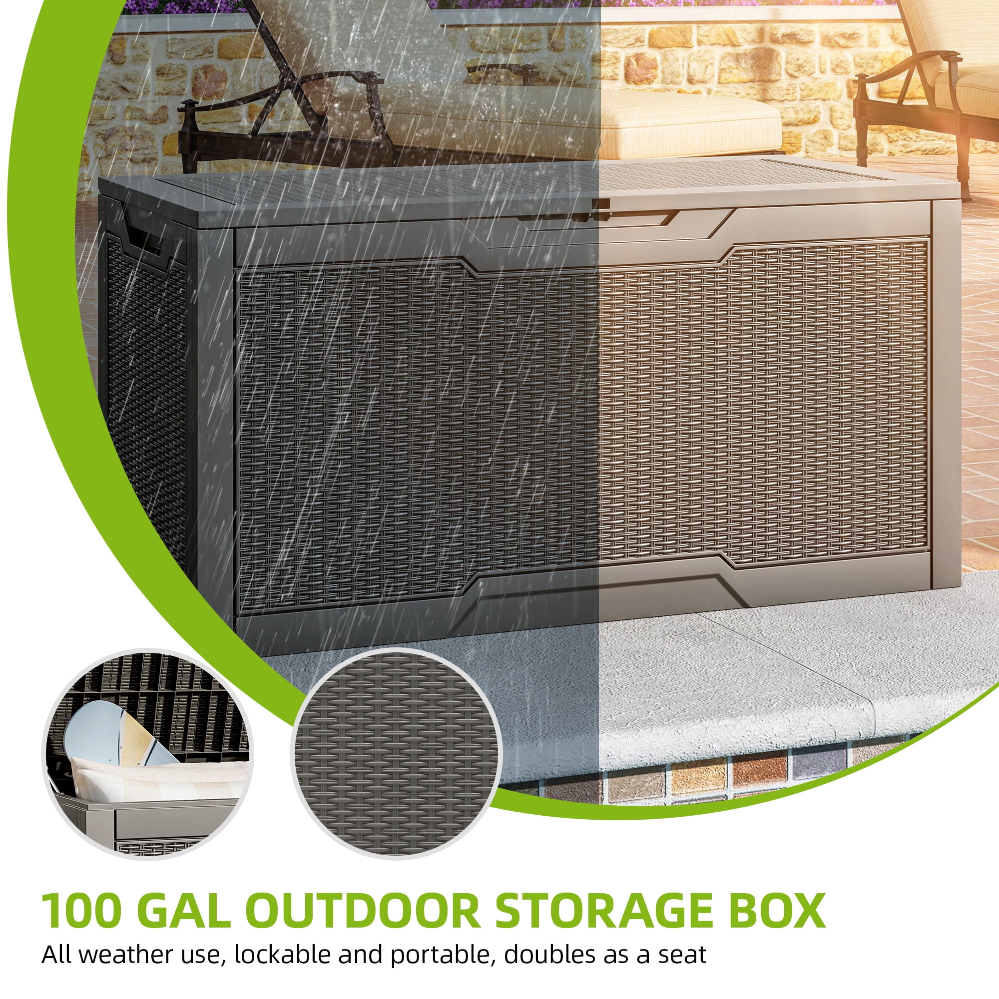 Uforic Lockable 100 Gallon Resin Deck Box, Heavy-Duty Weather Resistant Outdoor Storage Chest, Versatile Storage Solution for Patio Accessories and Daily Essentials,Light Brown