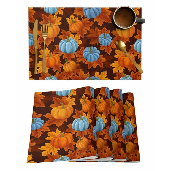 Placemats Set of 6 Thanksgiving Fall Orange Blue Pumpkin Maple Leaves Heat Insulation Washable Place Mats, Rustic Non-Slip Table Mats for Dining Table Party Kitchen Decor,13x19 Inch