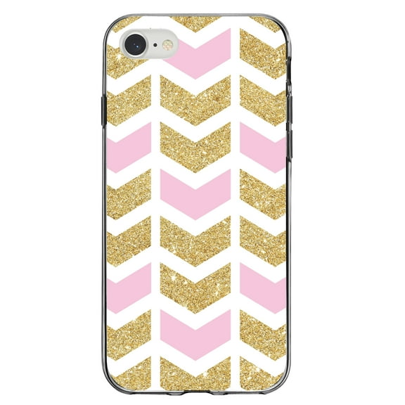 DistinctInk Clear Shockproof Hybrid Case for iPhone 7 8 SE (2020 Model) 4.7" Screen TPU Bumper Acrylic Back Tempered Glass Screen Protector - Pink & Gold Print - Random Chevron Pattern