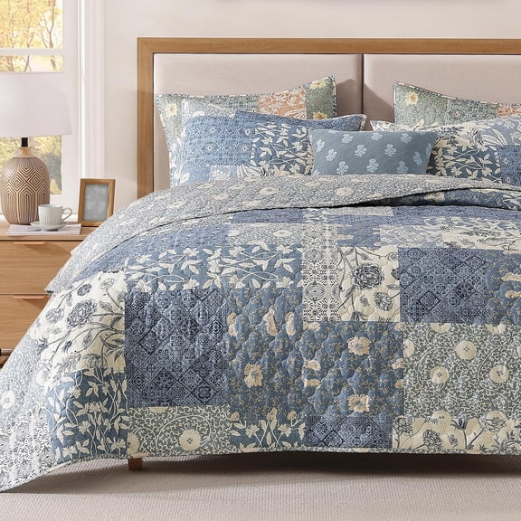 Queen Quilt Set 3 Pieces Patchwork Blue Reversible Floral Bed Cover Lightweight All Seasons 90x94 Inch