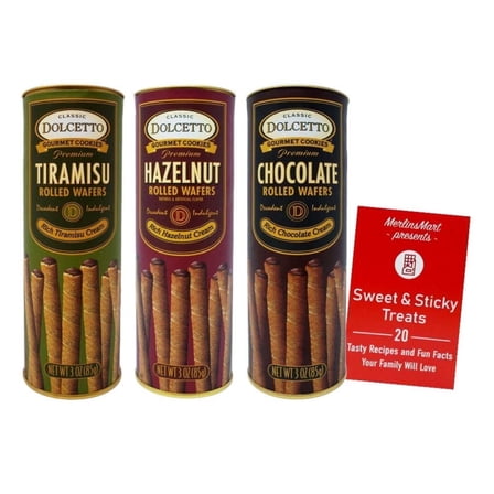 Premium Cream Filled Rolled Wafers Cookies Baked 3 Flavors (1) each: Tiramisu, Hazelnut, Chocolate (3 Oz)   MerlinsMart Zine | Dolcetto