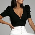 thumbnail image 2 of Camisa de manga corta para mujer con cuello en V y mangas abullonadas, ajustada, de Color puro, para viajes diarios y citas, 2 of 6