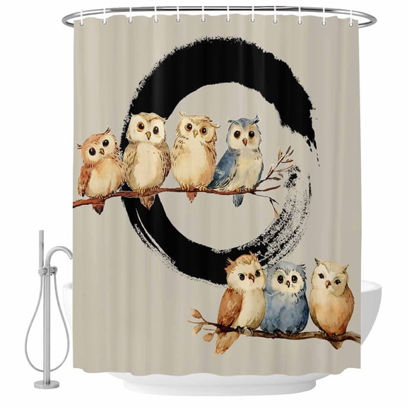 Japanese Style Shower Curtain, Waterproof Shower Curtains for Bathroom, Grey Farmhouse Owl Birds Branches Washable Fabric Bathtub Curtain Set Bath Decor with 12 Hooks 48"x72"
