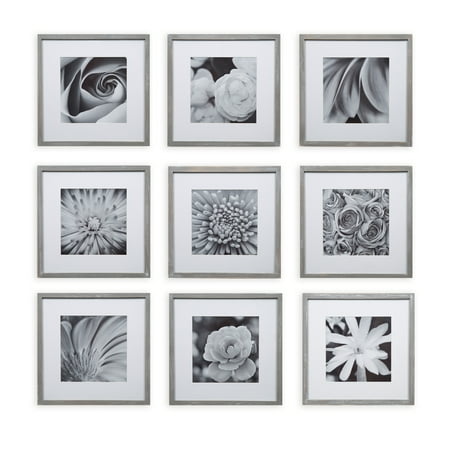 Photo Gallery Templates - Gallery Perfect 9 Piece Greywash Square Photo Frame Wall Gallery Kit with Decorative Art Prints & Hanging Template