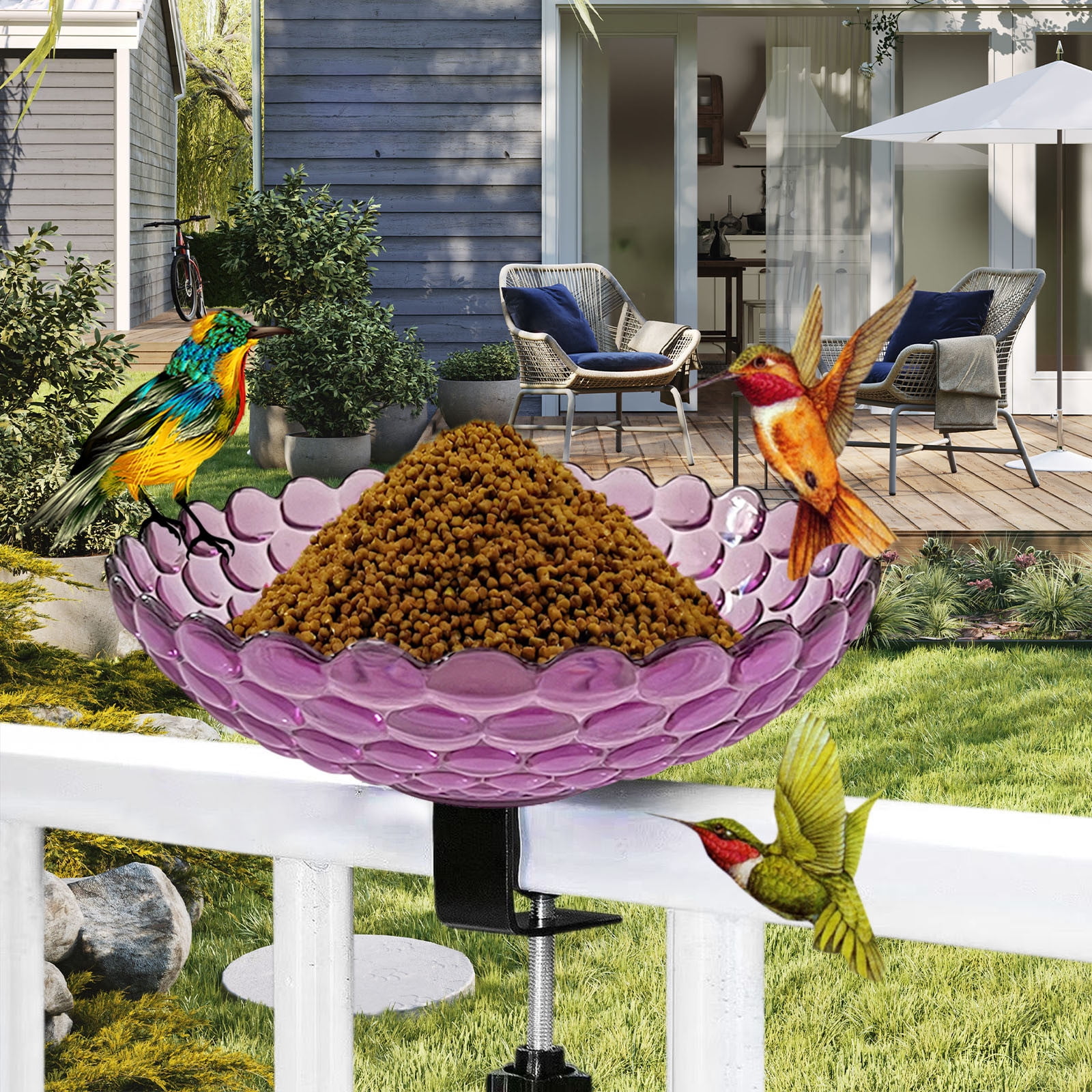 NIUBWJL Deck Mounted Bird Bath with Adjustable Clamp, Unheated Detachable Bird Bath Hummingbird Birdbath Bowl Balcony Fence Decor