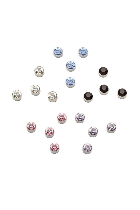 Round Cut Crystals Stainless Steel Magnetic Stud Earrings in Assorted Colors 10 Pairs Package