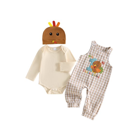 RUINIXCW Infant Baby Boy Thanksgiving Outfit Fashion Long Sleeve Romper with Turkey Embroidery Plaid Overalls, Hat 3Pcs Fall Set