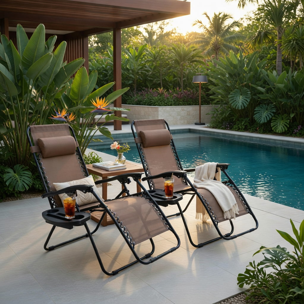 Hommoo 2-Pack Foldable Zero Gravity Lounge Chairs with Adjustable Headrest & Removable Tray, Brown