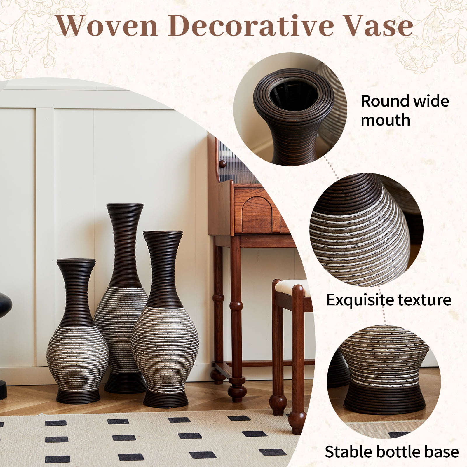 Aukfa Tall Floor Vase Set of 3, Extra Large Metal Decorative Vases for Living Room Dining Room Bedroom,Brown