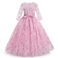 thumbnail image 3 of IBTOM CASTLE Flower Girls Dress Vintage Floral Lace Embroidered 3/4 Sleeves Maxi Dresses Wedding Princess Party Communion Evening Formal Dance Gown 9-10 Years Bean Pink, 3 of 8