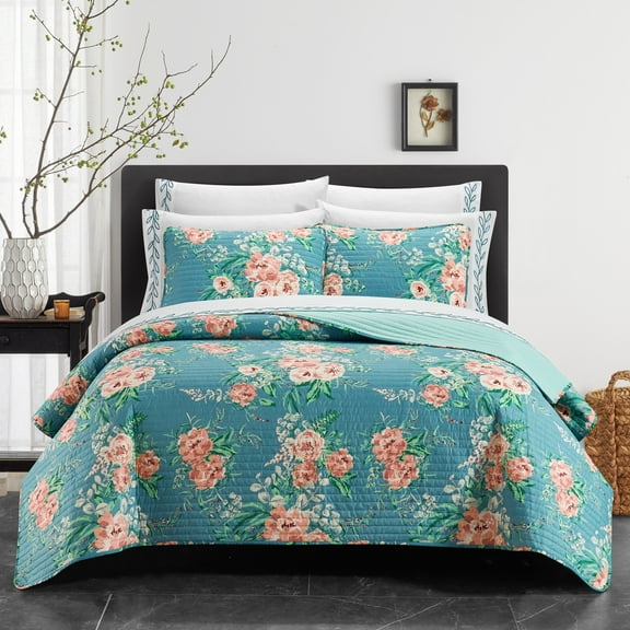 Palm Spring 9 or 6 Piece Quilt Set Watercolor Floral Pattern Print Bed In A Bag