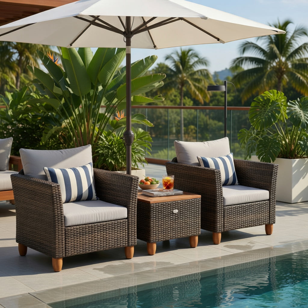 Hommoo 3-Piece Outdoor Rattan Bistro Set with Acacia Wood Table, Patio Chairs & Coffee Table for Balcony, Porch, Garden, Gray