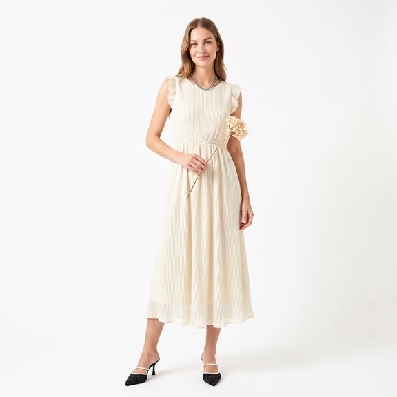 Alvantor Women's Ruffle Sleeve Midi Dress with Pleated Overlay, Ivory