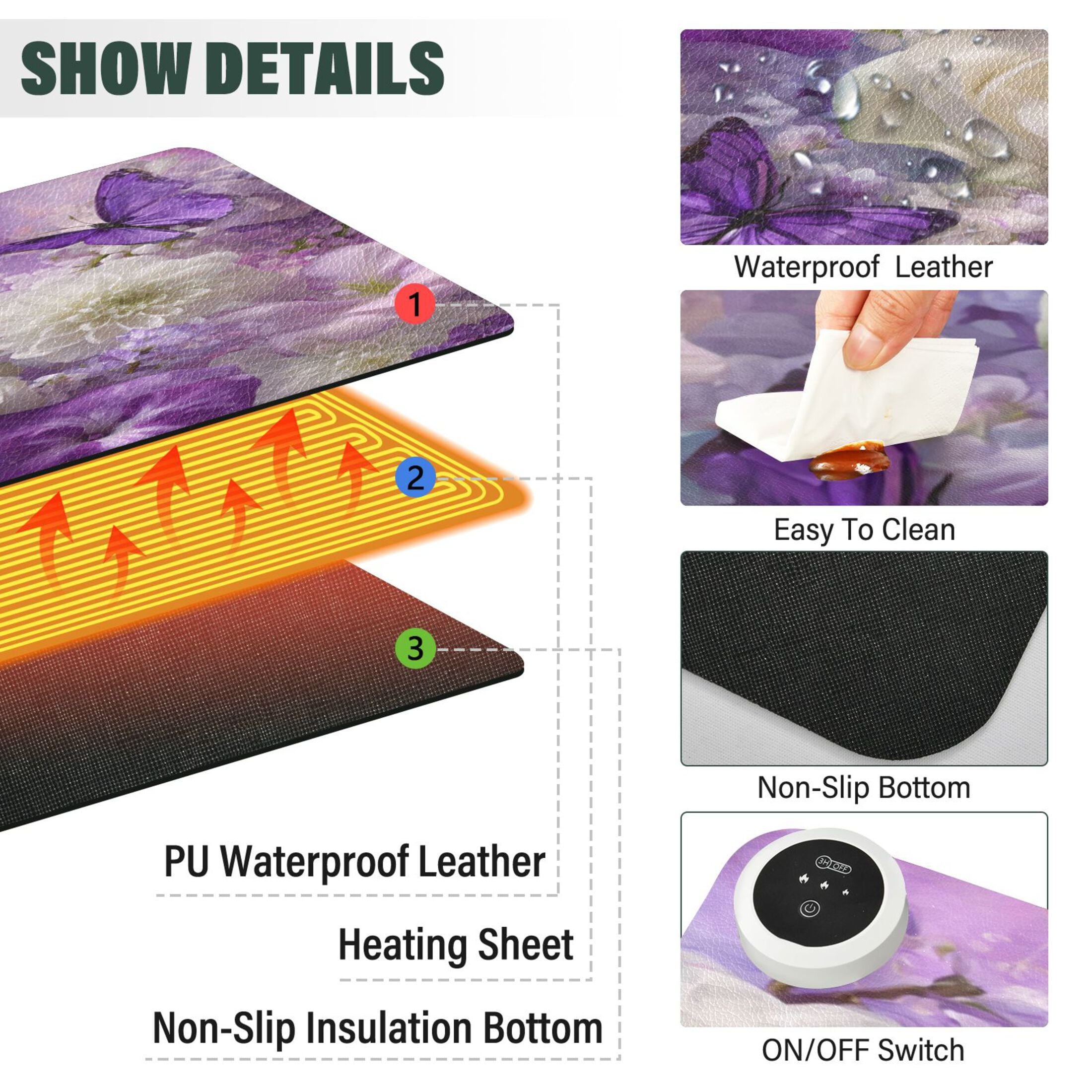 Wobogo Purple Butterfly Floral Heated Mouse Pad Extra-Large Desk Mat With 3 Heating Levels and 3-hour Auto Shut-Off Protection Ideal for Computer Keyboards Home Office Hand-warming Essential 31.5in ×