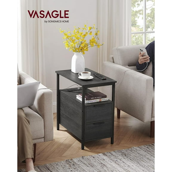 VASAGLE Slim Side End Table with Charging Station, Narrow Nightstand with 2 Drawers and Open Shelves, Steel Frame Bedside Table for Small Spaces, Charcoal Gray and Ink Black