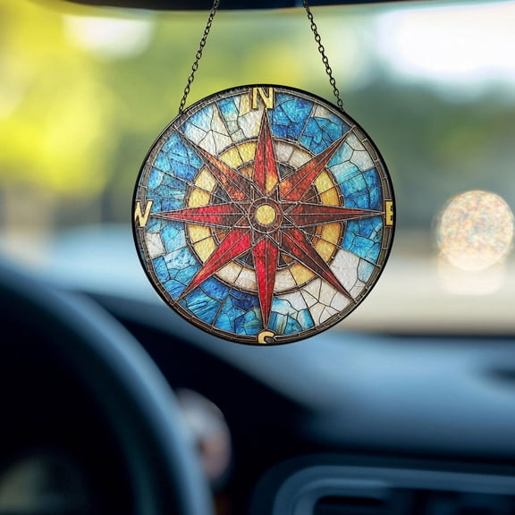 Compass Rose 2D Flat Stained Glass Window Hanging - Nautical Adventure Sun Catcher - Vintage Marine Navigation Decor for Home, Car, or Office - Unique Gift for Sailors & Travelers