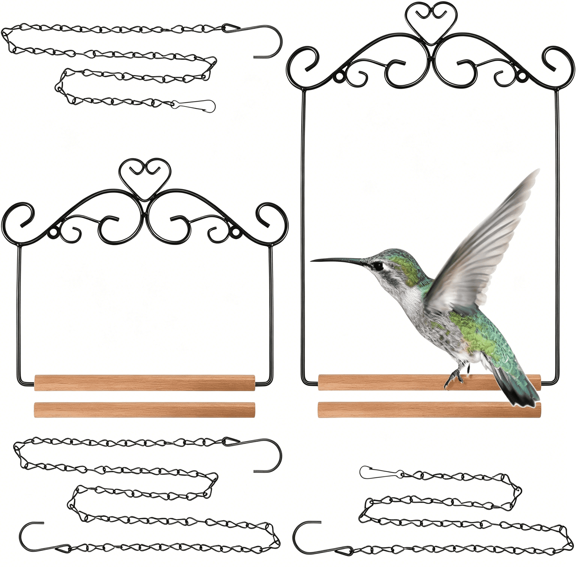 CYFW 2 Pcs Hummingbird Swings and Perches Metal Frame Bird Swing with 2 Replacement Wooden Dowel and 2 Hanging Chain for Outdoor Bird Feeders,Planters,Lanterns Ornaments(Black)