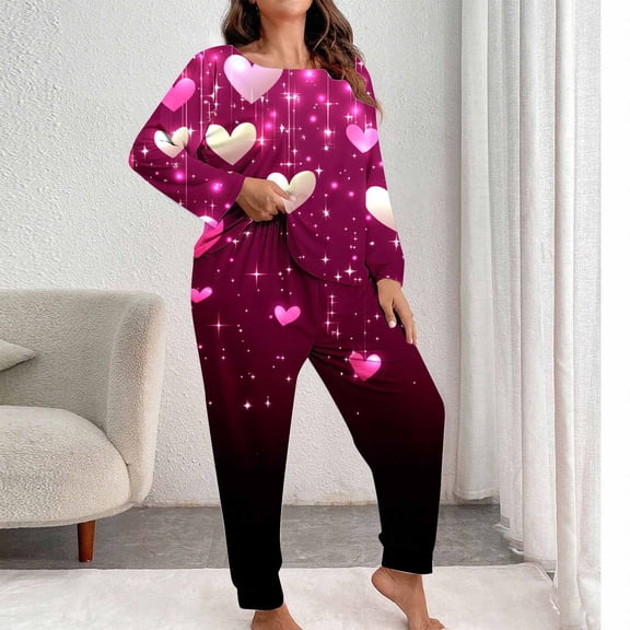 Qulqfy Pajama Set for Women Plus Size Soft Cute Blue Valentine Day Long Sleeve Crew Neck Tops and Jogger Pants Heart Print Sleepwear Women Pj Set XXL