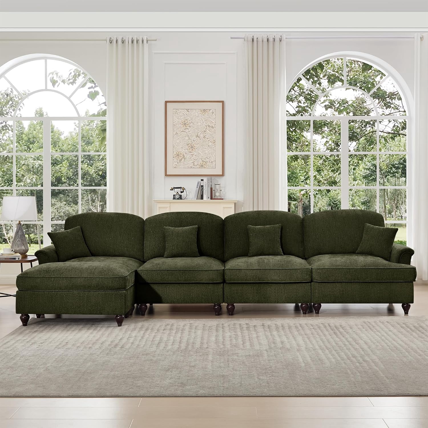 Chenille Sectional Sofa, L Shape 4 Seat Couch with Flared Arms & Removable Ruffles Pleats Skirts, Deep Seat Sofa for Living Room, Green