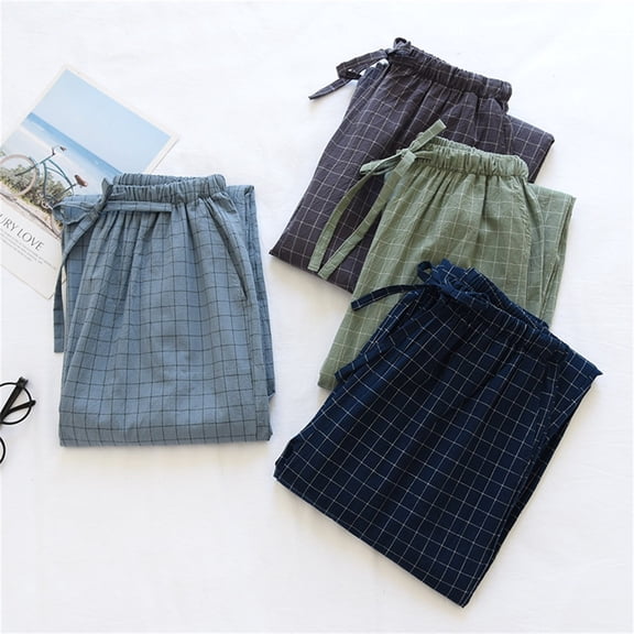ibiyuan Cotton Pajama Pants Men Mens Spring Summer Thin Lightweight Pajama Pants, Loose Breathable Plaid Lounge Pants Daily Indoor Sleepwear PJs Cool Bottoms