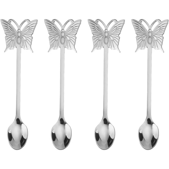 ABPETE 4Pcs Long Handle Mixing Spoon Stainless Steel Coffee Spoons Butterfly Teaspoons Ices Tea Spoon Delicate Dessert Spoons for Party (Silver)