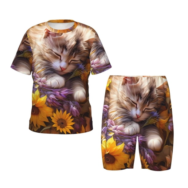 Balery Cute Cat Sunflower Conjunto de Pijama Infantil de Manga Corta con Estampado – Ropa de Dormir de Algodón Suave-3X-Large