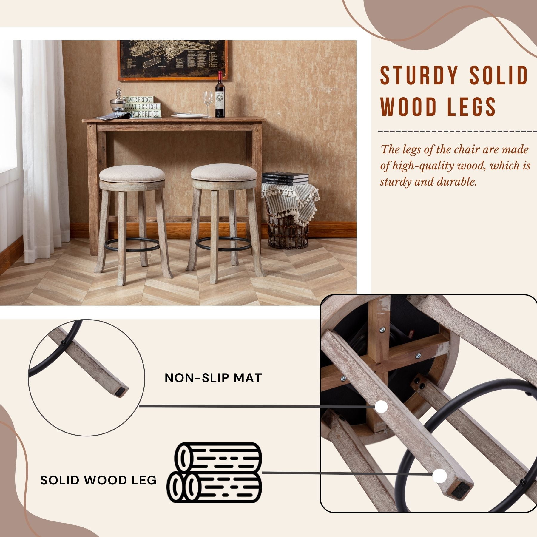 Dayalane Farmhouse 360° Swivel Bar Stools Set of 4, 25.6" Counter Height Round Linen Barstools with Wood Legs and Footrest, Backless Kitchen Island Chairs for Dining Room, Pub, Coffee Bar,Beige