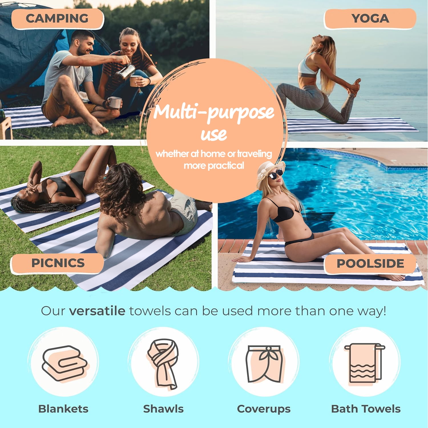 Beartech 4 Pieces Beach Towel Set,30x60 inches Striped Beach Towels Soft Camping Travel Towels, Lightweight Quick Dry Pool Towels for Beach Shower Towels Swim Towels Absorbent for Adults