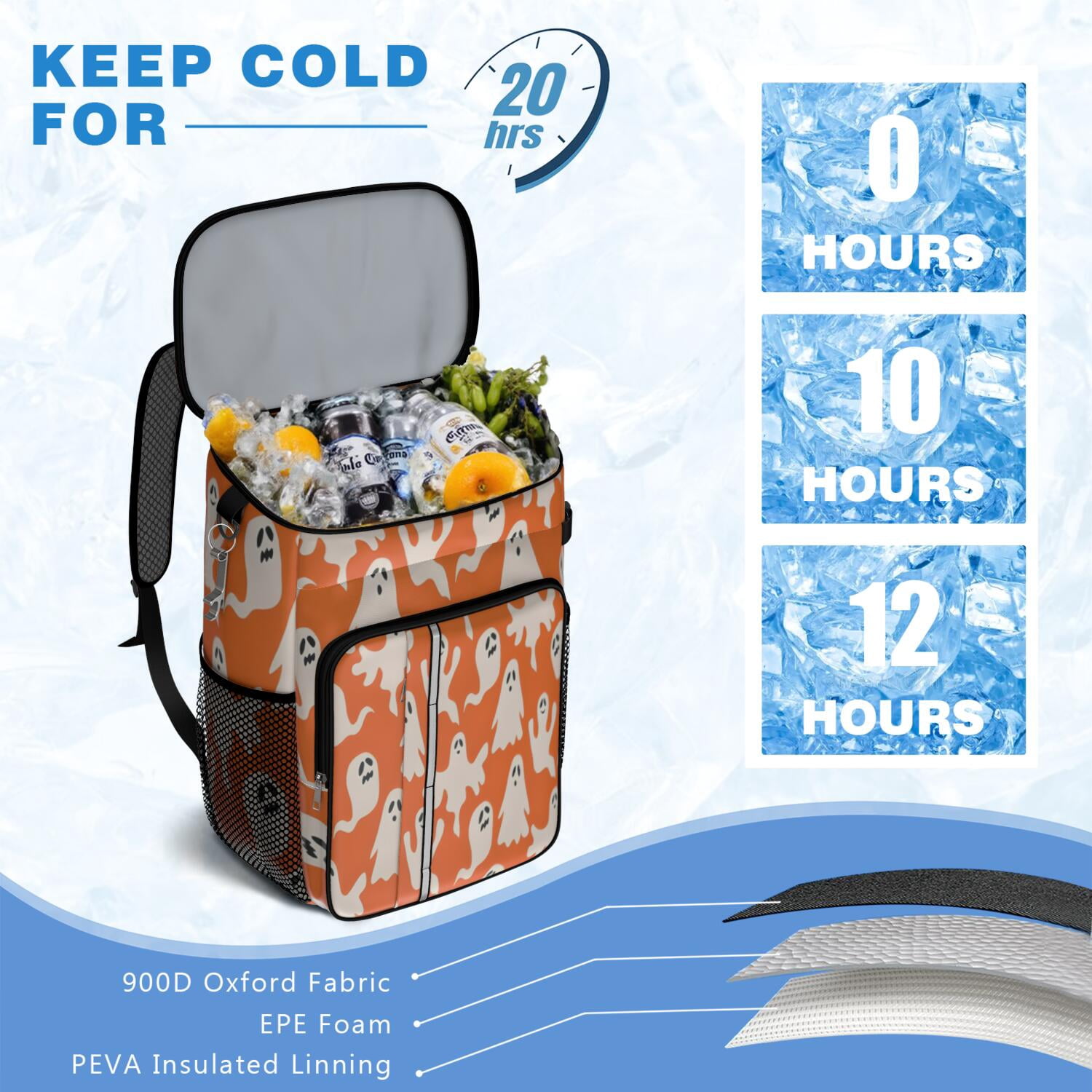 Travel Cooler Bag - Orange Halloween Ghosts Camping Beer Cooler Backpack with Bottle Opener- Waterproof Insulated Picnic Backpacks - Cooler Bag for Beach
