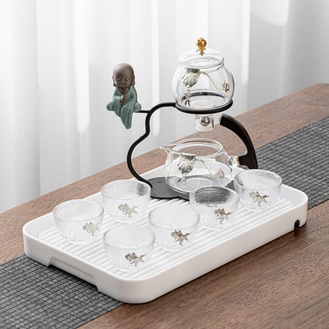 Semi-automatic Teapot Kung Fu Tea Set Tea Maker Suit Magnetic Attraction Lazy Tea Maker Heat Resistant Teapot with Infuser 6pcs Tea Cups of Holiday Gifts(Style2)