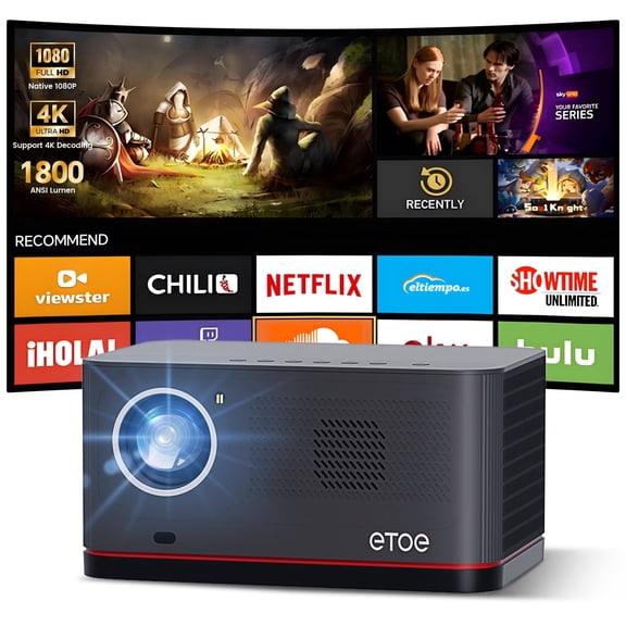 ETOE Smart Wireless Projector with Wifi Bluetooth for Home Theater, 1080P Projector 1800 ANSI, Built-in Pre-installed Streaming Apps, Auto Focus & Keystone, 2*10W Stereo Speakers