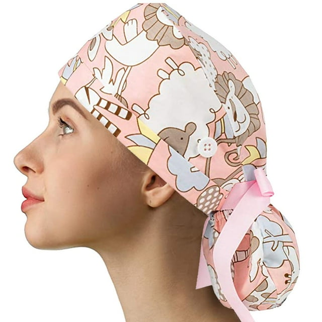 Scrub Cap With Buttons Bouffant Hat With Sweatband for Womens and Mens