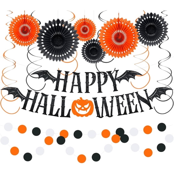 Happy Halloween Banner Decorations - Halloween Banner with Paper Fans, Hanging Swirl Streamer, Circle Dot Garland Decorations for Halloween Theme Party Decorations
