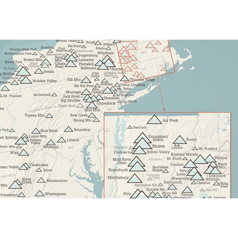 North America Ski Resorts Map Poster 24x36 - Beige & Opal Blue, Features All US & Canada Ski Areas, Perfect For Tracking Your Adventures