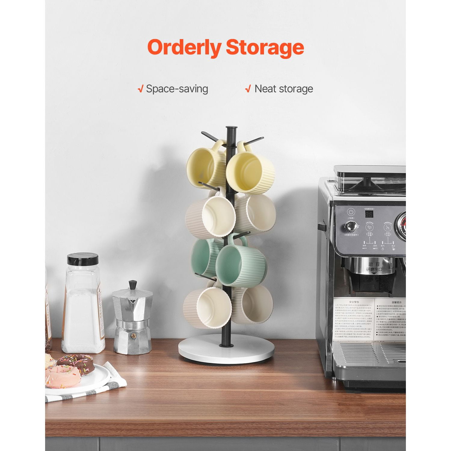 Mug Tree Holder 8 Mugs Capacity Marble Base Carbon Steel for Kitchen Office Coffee Mug Display