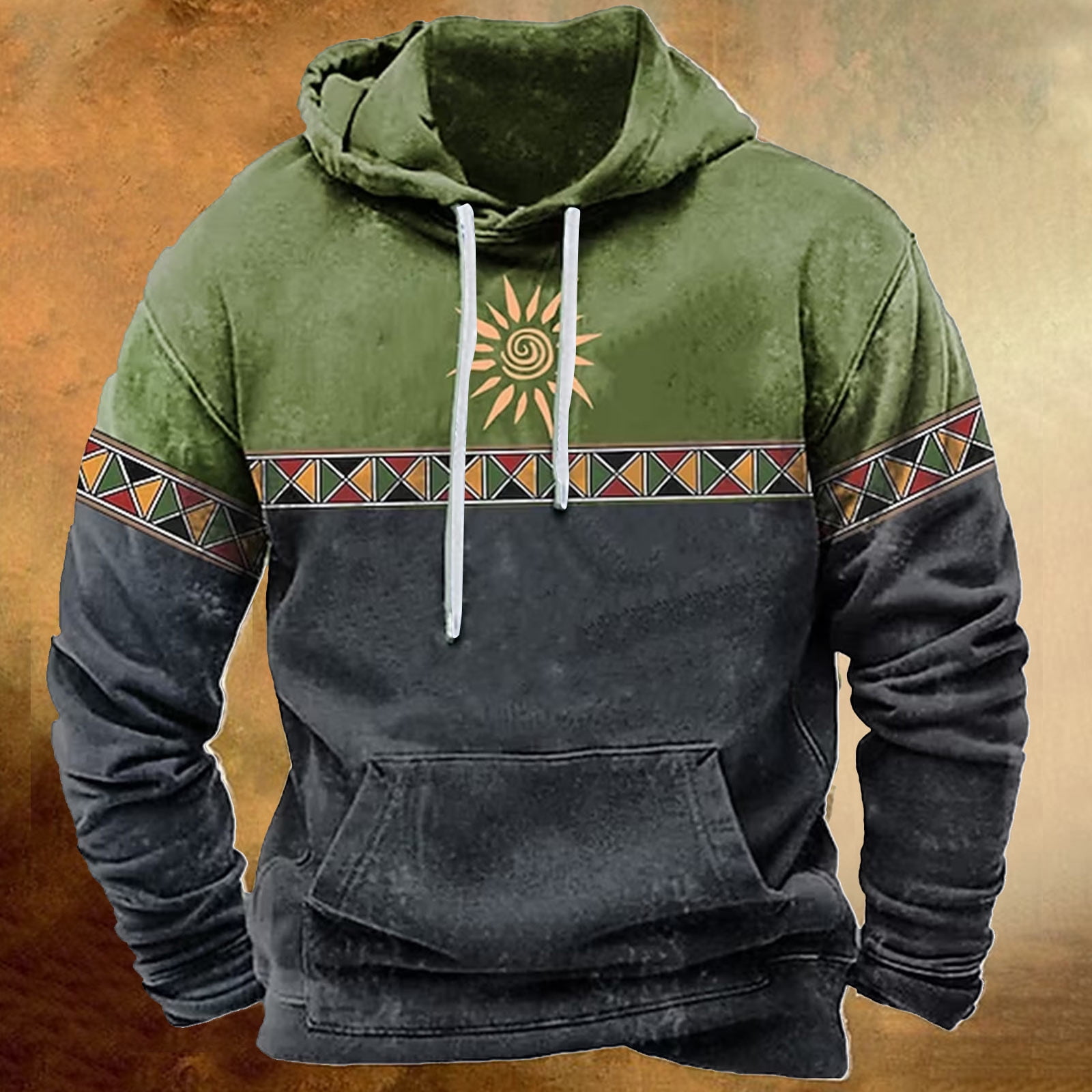 ZCFZJW Mens Western Hoodie Sweatshirts Vintage Aztec Print Long Sleeve Hooded Pullover Tops Lightweight Trendy Pacthwork Warm Coat with Pockets Z12-Green L