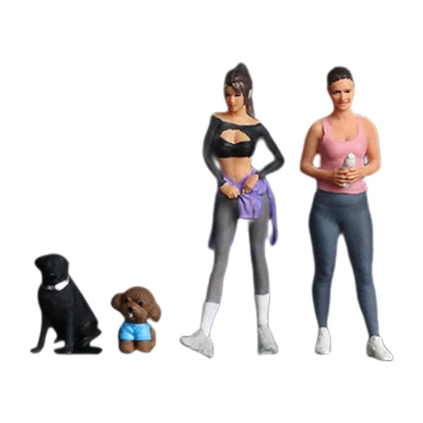 2 figuras de diorama femeninas a escala 1/64, figuras realistas en miniatura con dos perros, de resina pintadas a mano para niños y adultos. B