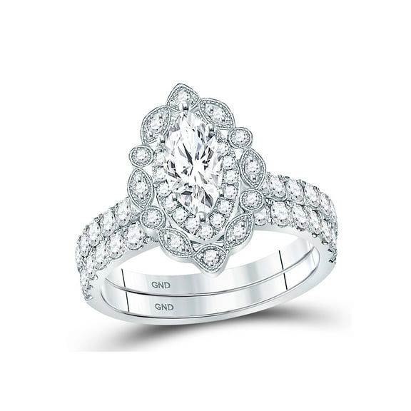 14kt White Gold Marquise Diamond Bridal Wedding Ring Band Set 2 Cttw