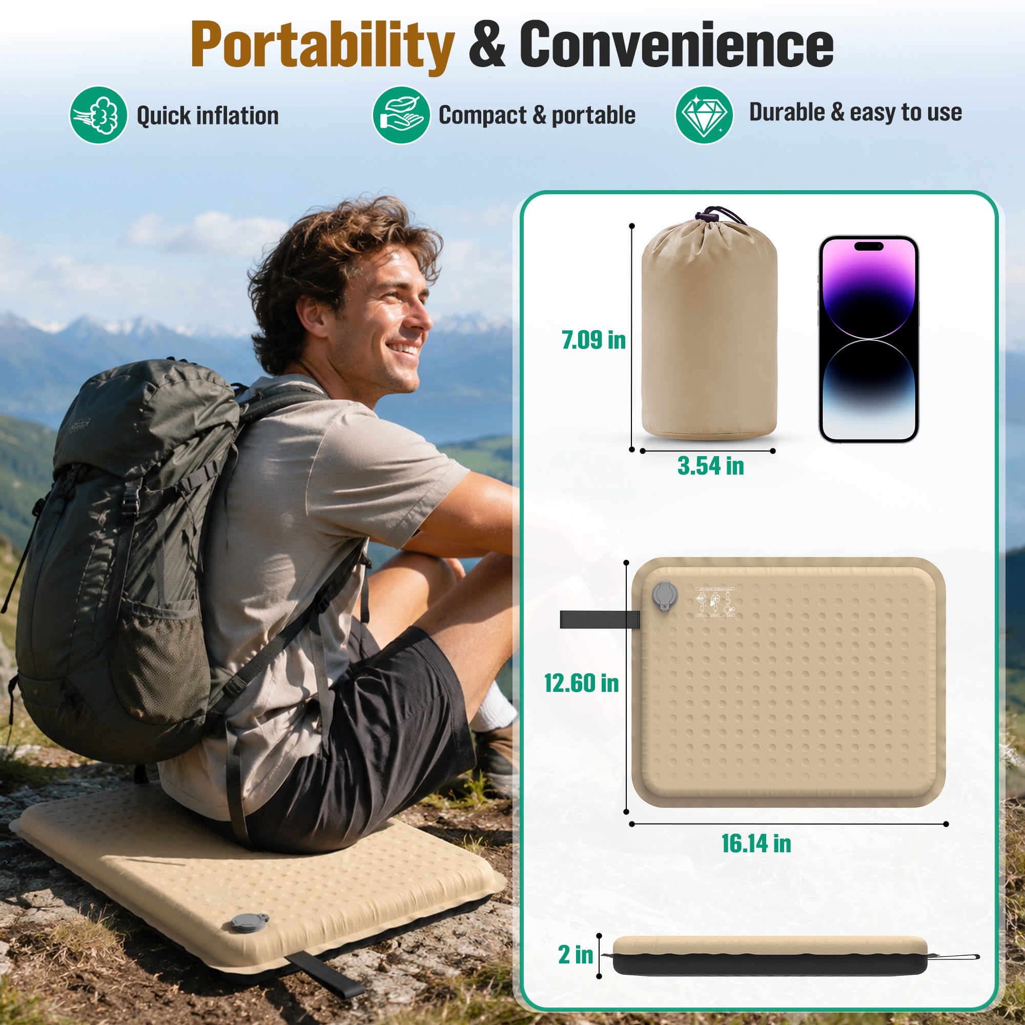 BNISE Inflatable Seat Cushion, 2 Inch Portable Self Inflating Memory Foam Seat Pad, Ultralight for Airplane, Stadium Bleachers, Camping and Office