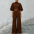 thumbnail image 6 of Womens Casual Two Piece Outfit High Neck Puff Sleeve Crop Top High Waist Wide Leg Pants Textured Casual Set Coffee L(L), 6 of 8