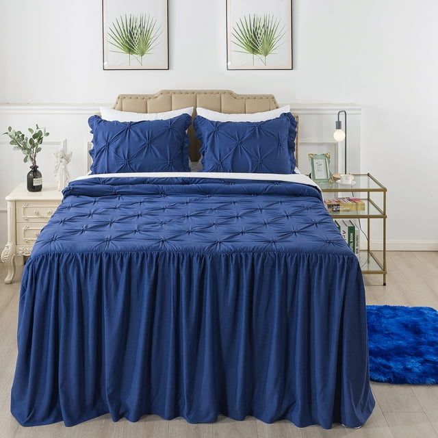 JML Full Ruffle Skirt Bedspread Set 4 Piece, Pintuck Coverlet with Shams and Area Rugs